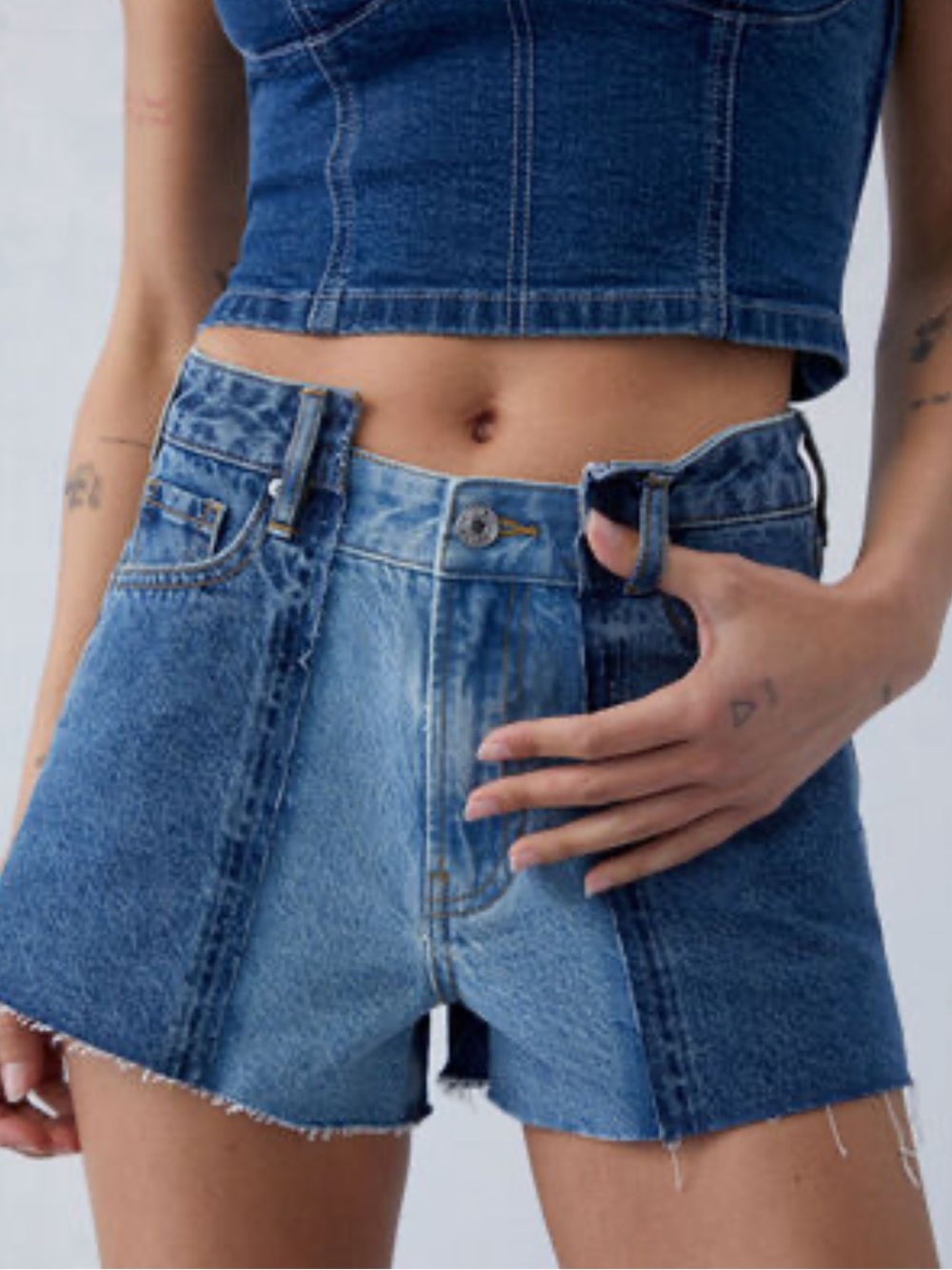 Patchwork Two-Tone Denim Mini Skirt - Blue
